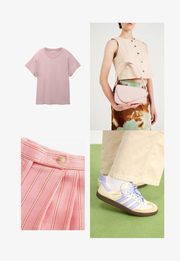 Lys rosa kortærmet t-shirt lavet af glat bomuld. Har en rund hals og en afslappet pasform med en lige skæring på kanten.; Lyserødt stof med lodrette røde striber, afslappede folder og en rund knaplukning i taljen. Glat tekstur.; Creme og lavendel sneakers med tre striber og en tekstureret brun sål, der har snørebånd og en polstret hæl. Blødt stof øvre.; Lyserød læderhandtaske med en buet klap, enkel skulderrem og rene linjer. Tasken har en glat overflade og et minimalistisk design.