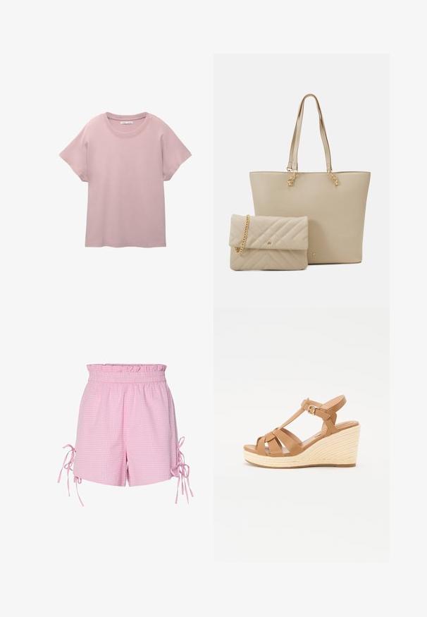Světle růžové tričko s krátkým rukávem vyrobené z hladkého bavlněného materiálu. Má kulatý výstřih a volný střih s rovnou spodní linií.; Růžové kostkované šortky s řaseným elastickým pasem a mašlemi po stranách. Vyrobeno z lehké texturované látky.; Hnědé klínové sandály s křížovým designem, nastavitelnou přezkou kolem kotníku a texturovaným tkaným klínem ve stylu espadrille.; Beige taška přes rameno s plochými uchy, hladkým povrchem a zlatými detaily, doplněná o odpovídající prošívanou psaníčko s řetízkem.