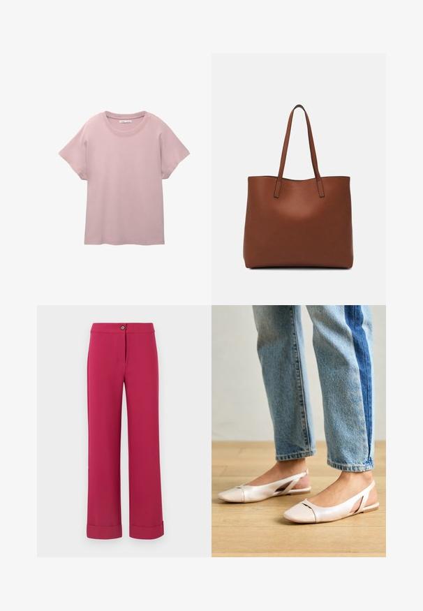 Világos rózsaszín, rövid ujjú póló sima pamutból. Kerek nyakkivágással és lazább fitnesz stílussal rendelkezik, egyenes szabású aljjal.; Fukszia színű, széles lábú nadrág sima textúrával, elülső gombos záródással és hajtott szegéllyel.; Világos rózsaszín slingback laposlábú cipők, hegyes orral, sima bőrhatású anyagból készült. Oldalt kivágott részletek találhatók rajta, valamint lapos sarkú.; Barna bőr vászontáska sima textúrával, nyitott tetejű dizájnnal és két vállpánttal. Minimális varrással és látható hardver nélkül készült.