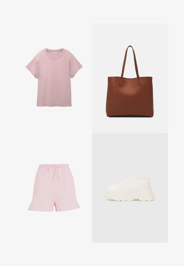 Svijetloružičasta kratkotrajna majica od glatkog pamuka. Ima okrugli izrez i opušteni kroj s ravnim rubom.; Svijetloružičaste kratke hlače od teksturiranog materijala, s elastičnim pojasom i vezicom, te opuštenim, lepršavim krojem.; Bijela platnena tenisica s debelim potplatom, zaobljenim vrhom i pet rupica za vezice. Stražnji tab za jednostavno obuvanje. Glatka tekstura, minimalistički dizajn.; Smeđa kožna torba preko ramena s glatkom teksturom, otvorenim vrhom i dvjema naramenicama. Ima minimalne šavove i nema vidljivog hardvera.