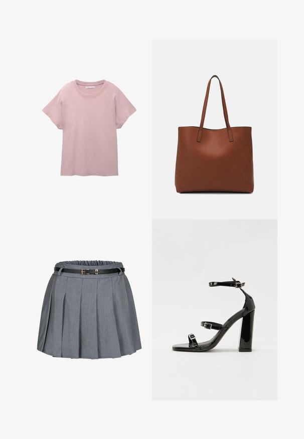 Lichtroze short-sleeve t-shirt van glad katoen. Heeft een ronde hals en een ontspannen pasvorm met een rechte afwerking aan de onderkant.; Grijze ploorok met een geraffineerde taille en een zwarte riem met een gouden gesp als accent. Zachte stof met een gladde textuur.; Zwarte patent lederen sandalen met hoge hakken, twee gespenbanden, een vierkante neus en een stevige blokhak, met een gladde, glanzende textuur.; Bruine leren tote bag met een gladde textuur, een ontwerp met een open bovenkant en twee schouderbanden. Kenmerkt zich door minimale stiksels en geen zichtbare hardware.