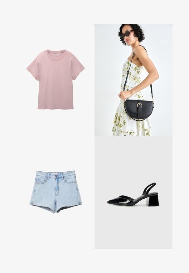 Svijetloružičasta kratkotrajna majica od glatkog pamuka. Ima okrugli izrez i opušteni kroj s ravnim rubom.; Svijetloplave traper kratke hlače s visokim strukom, četiri džepa i bakrenim detaljima. Tkanina ima glatku teksturu i čiste rubove.; Crne lakirane kožne sandale s otvorenom petom i špicastim vrhom, s geometrijskom blok petom. Imaju elegantan, minimalistički dizajn i glatku teksturu.; Crna kožna torba s lukovitim oblikom, odvojivim remenom i zlatnim detaljima. Torba ima preklop s kopčom.