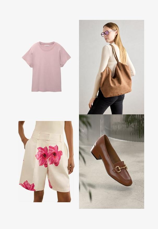 Lichtroze short-sleeve t-shirt van glad katoen. Heeft een ronde hals en een ontspannen pasvorm met een rechte afwerking aan de onderkant.; Next PETITE - FLORAL TAILORED - Shorts - ecru pink; Bruine lakleren loafer met vierkante neus, metallic kettingaccent en lage blokhak; gladde textuur, minimalistisch ontwerp.; Bruine suède totebag met zachte textuur, grote opening en lange hengsels. Het heeft een eenvoudig ontwerp met zichtbare stiksels en geen hardware.