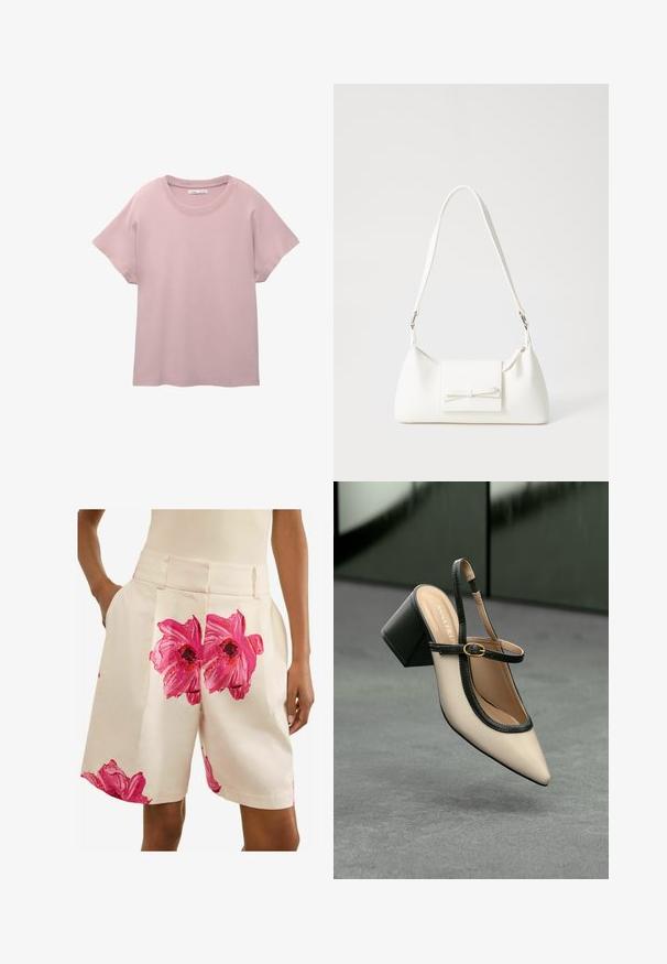Svijetloružičasta kratkotrajna majica od glatkog pamuka. Ima okrugli izrez i opušteni kroj s ravnim rubom.; Next PETITE - FLORAL TAILORED - Kratke hlače - ecru pink; Bež cipele s otvorenom petom i šiljastim vrhom, crnim obrubom, zlatnom kopčom i debelim blok-petom na sivom podu s tamnozelenom pozadinom.; Bijela sintetička torbica s trokutastim oblikom, ravnim prednjim poklopcem i detaljem u obliku mašne, podesivom remenom, glatkom teksturom i minimalističkim dizajnom.