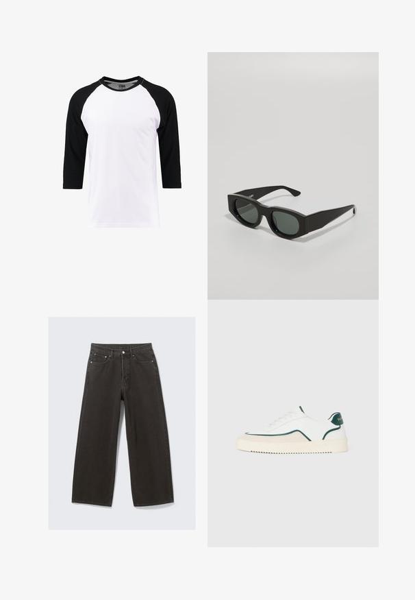 Bílé tričko s krátkým rukávem a černými raglánovými rukávy, vyrobené z bavlny, s kulatým výstřihem a hladkou strukturou.; Džíny s širokými nohavicemi černé barvy mají vysoký pas, design s pěti kapsami a zapínání na knoflíky. Tkanina má jemný a strukturovaný povrch.; Bílé nízké tenisky s zeleným lemem, bežovým semišovým detailem a krémovou podrážkou s vroubkovaným dnem.; Černé obdélníkové sluneční brýle se zelenými skleněnými čočkami, silnými obrubami a plochými stranami, s hladkou plastovou texturou.