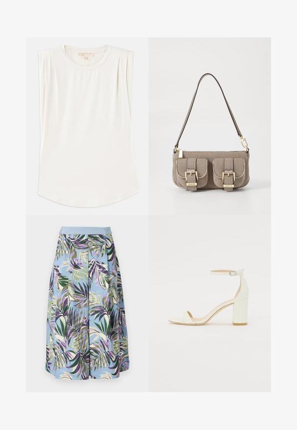 Hvid ærmeløs top lavet af glat stof, med en rund hals og subtile plisseringer på skuldrene, samt en buet kant.; En knælang nederdel med en blå base og et farverigt tropisk bladmønster i grøn, lilla og beige, afsluttet med en lyseblå talje.; Hvide læder sandaler med blokhæl, der har en ankelrem med spænde og minimalistisk design. Åben tå og glatte teksturer hele vejen igennem.; Beige tekstureret håndtaske med justerbar rem, to forreste lommer sikret med spænder og guld hardware detaljer. Lynlåslukning på toppen.