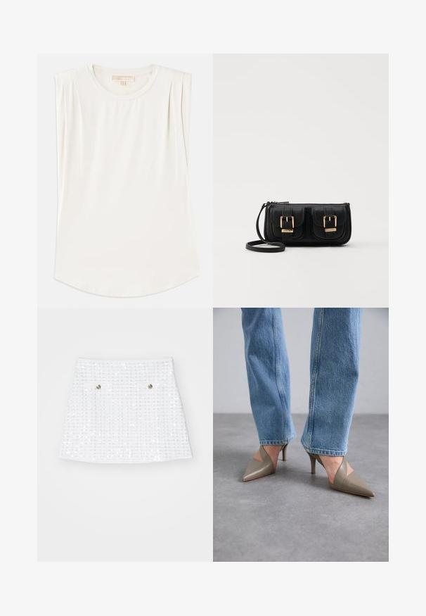 Hvid ærmeløs top lavet af glat stof, med en rund hals og subtile plisseringer på skuldrene, samt en buet kant.; Maje Mini skirts - blanc cassé; Grå spidse hæle med en V-formet udskæring, der har en slank stiletto-hæl. Båret med lyseblå lige ben jeans.; Sort læder crossbody taske med to frontlommer, guldspænder, lynlåslukning og en slank rem. Struktureret overflade og kompakt rektangulær form.