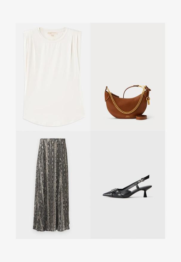Balta be rankovių palaidinė, pagaminta iš lygios medžiagos, su apvaliu iškirpimu ir subtiliomis klostėmis ant pečių, turinti lenktą apatinį kraštą.; Plišos midi sijonas su gyvačių rašto motyvu, turintis pilkų, juodų ir smėlio atspalvių. Pagamintas iš lengvos medžiagos su elastinga juosmens juosta.; Juodas odinis slingback tipo batai su smailiu priekiniu atvartu, dekoratyvinėmis sagtimis su metaliniais akyčiais ir žemu blokiniu kulnu. Saldus paviršius.; Ruda odinė rankinė su kreiviu dizainu, auksinės grandinėlės dirželiu, vidiniu kišeniu ir nuimamu peties dirželiu. Yra kontrastingų siūlių.