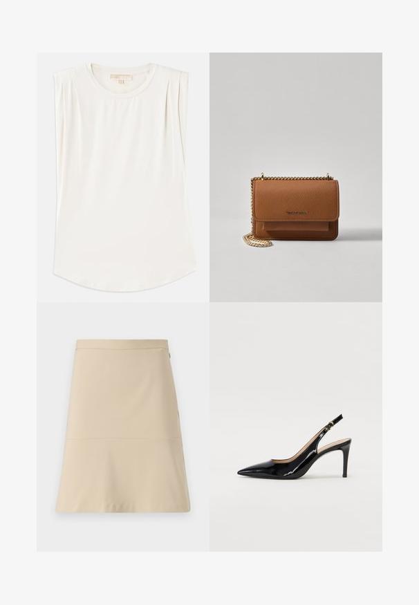 Bijela bezrukavna majica od glatke tkanine, s okruglim izrezom i suptilnim plitkim nabranjima na ramenima, s zakrivljenim donjim rubom.; Bež suknja s lepršavim dizajnom, glatkom teksturom i horizontalnim šavom oko srednjeg dijela. Ima bočni patentni zatvarač.; Crne lakirane slingback cipele s oštrim vrhom, uskim potpeticama i suptilnim izrezom. Sadrže zlatnu kopču na traku.; Smeđa kožna torba preko tijela s teksturom, zlatnim lančićem i preklopom na zatvaranju. Na prednjoj strani nalazi se detalj s potpisom i džep ispod preklopa.