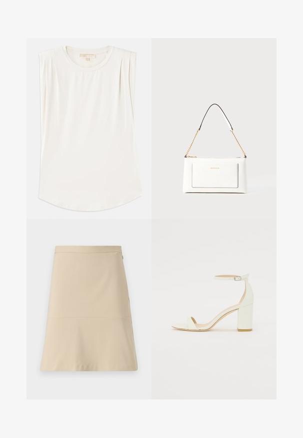 Witte mouwloze top van gladde stof, met een ronde hals en subtiele plooien op de schouders, en een gebogen zoom.; Beige rok met een uitlopende ontwerp, gladde textuur en een horizontale naaddetail rond het middel. Voorzien van een zijrits.; Witte leren sandaal met blokhak, voorzien van een enkelsluitsel met een gesp en een minimalistisch design. Open teen en gladde texturen overal.; Witte leren handtas met een textuurafwerking, voorzien van een gouden schouderhengsel en zwarte accenten. Inclusief een voorvak en ritssluiting.
