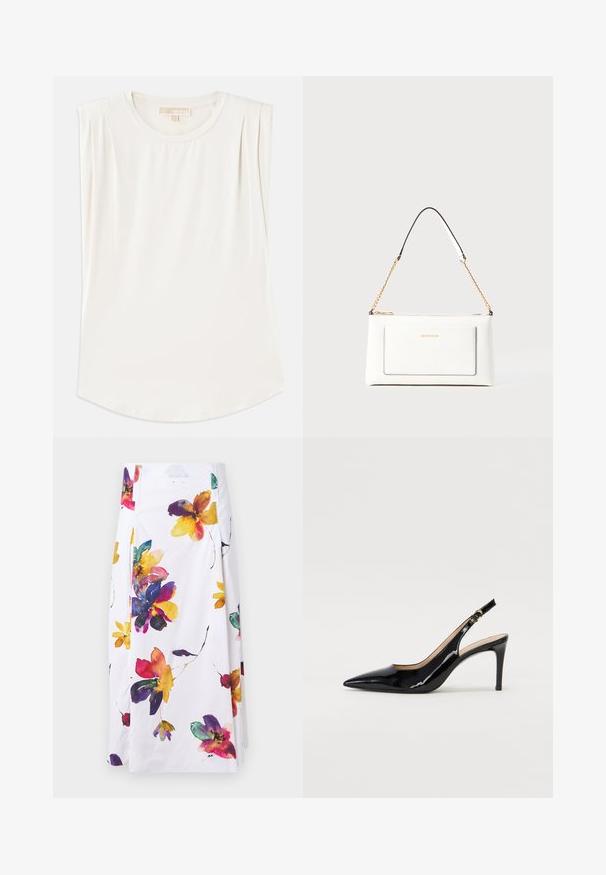 Valge ilma varrukateta tipp, mis on valmistatud siledast kangast, ümara kaelusega ja õlgadel on peened voldid, millel on kõverdatud alläärega.; Valge lilleline seelik, millel on erksad vesivärvi lille mustrid lillat, kollast ja punast; plisseeritud disain ja külgseote tegelased.; Must hõbedavärvi patendiga slingback kontsakingad terava varbaga, kitsas konts ja peene lõikega disain. Statistika on kuldne pandla rihmal.; Valge nahast kott tekstureeritud viimistlusega, millel on kuldne kettling ja mustad aktsendid. Include eesmine tasku ja tõmblukk.