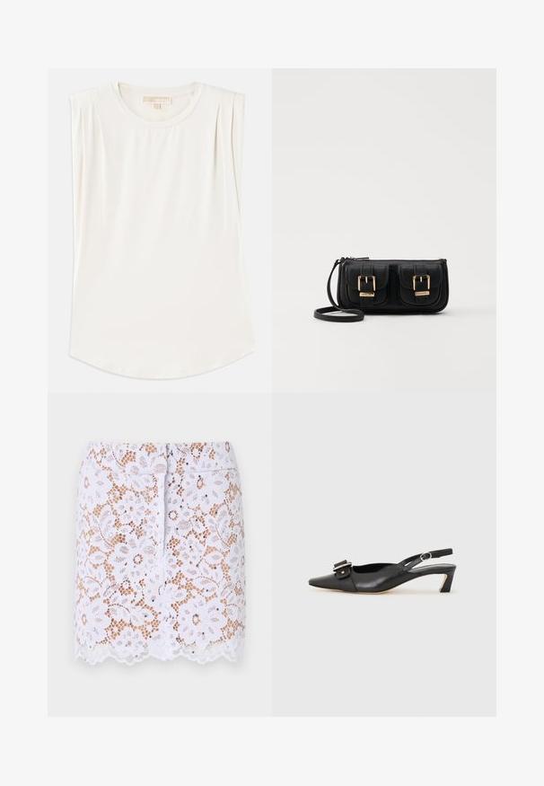 Biały bezrękawnik wykonany z gładkiego materiału, z okrągłym dekoltem i subtelnymi plisami na ramionach, z zaokrąglonym dołem.; Biała spódnica koronkowa z kwiecistym wzorem, falbaniastym dołem i dyskretnymi ozdobami. Posiada dopasowany krój i ukryty zamek błyskawiczny z tyłu.; Czarne skórzane buty typu slingback z ostrym noskiem, małym obcasem i ozdobnym zapięciem na górze. Gładka faktura, minimalistyczny design.; Czarna skórzana torba na ramię z dwoma przednimi kieszeniami, złotymi klamrami, zamkiem błyskawicznym i cienkim paskiem. Teksturowana powierzchnia i kompaktowy prostokątny kształt.