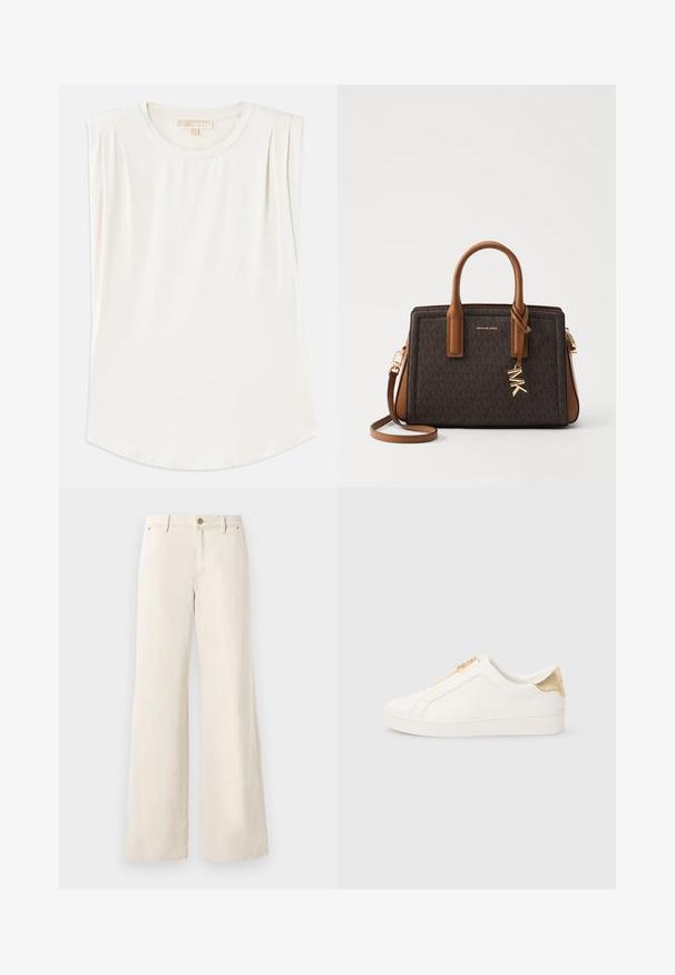 Weißes ärmelloses Oberteil aus glattem Stoff, mit rundem Ausschnitt und dezenten Falten an den Schultern, mit geschwungenem Saum.; Beige weite Baumwollhosen mit glatter Textur. Verfügt über einen Knopfverschluss, Fronttaschen und ein klassisches Bunddesign.; Weiße Slip-On-Sneaker aus glattem Leder, mit einem goldenen Reißverschluss und einem Akzent nahe der Ferse mit strukturierter Oberfläche sowie einem geprägten Logo an der Seite.; MICHAEL Michael Kors LAILA SATCHEL - Handtasche - brown