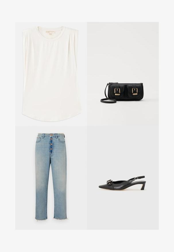 Hvit ermeløs topp laget av glatt stoff, med rund hals og subtile plisseringer på skuldrene, samt en buet sømkant.; Lyseblå denimjeans med høy midje, fem-knapps gylf og frynset kant. Har baklommer og en avslappet, rett passform.; Svarte skinn slingback-sko med spiss tå, liten hæl og dekorativ spenne-detalj på overdelen. Glatt tekstur, minimalistisk design.; Svart skinn crossbody veske med to frontlommer, gyldne spenner, glidelåslukking og en slank stropp. Teksturert overflate og kompakt rektangulær form.