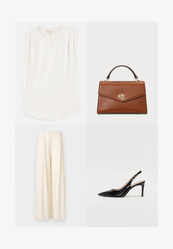 Λευκό κοντομάνικο τοπ από απαλό ύφασμα, με στρογγυλό λαιμό και διακριτές πτυχές στους ώμους, με καμπυλωτό στρίφωμα.; Norma Kamali MENS PLEAT  - Παντελόνι - cream; Μαύρη πατέν κλίνγκμπακ άντρες με μυτερή μύτη, λεπτό τακούνι και διακριτικό σχέδιο κοψίματος. Διαθέτει χρυσό κούμπωμα στη λωρίδα.; Καφέ δερμάτινη τσάντα χειρός με δομημένο σχέδιο, χερούλι στην κορυφή, χρυσά αξεσουάρ και λογότυπο στο μπροστινό μέρος. Λείος υφασμάτινος χαρακτήρας.