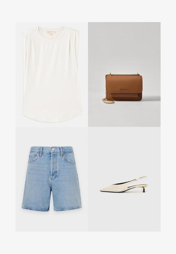 Hvit ermeløs topp laget av glatt stoff, med rund hals og subtile plisseringer på skuldrene, samt en buet sømkant.; Lys blå denimshorts med rett snitt, to frontlommer, lukking med knapp og glidelås, og lett slitasje langs kantene.; Beige patentleather slingback-sko med spiss tå, en slank svart hæl og metalliske gullakenter på sidene.; Brun teksturert lær crossover-veske med gullkjede-stropp og klaffelukking. Fronten har logo-detalj og en lomme under klaffen.