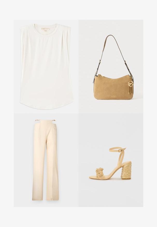 Balta bez piedurknēm topa, izgatavots no gludas auduma, ar apaļu kakla izgriezumu un smalkām krokām uz pleciem, ar izliekta apakšmalu.; Platas kājas bikses krēmkrāsā ar gludu tekstūru, kurām ir augsts jostasvieta un zelta ķēdes akcenti jostasvietā.; Bēšas augstpapēžu sandaļi ar pītas faktūras dizainu, kas ietver dekoratīvu ziedu un potītes siksnu. Kvadrātveida papēdis nodrošina stabilitāti.; Bēšs zamšas pleca soma ar izliekta formu, zelta aksesuāriem un ar rāvējslēdzēju aizdari. Iespējamā piekārta piekariņš ar iniciāļiem "MK."