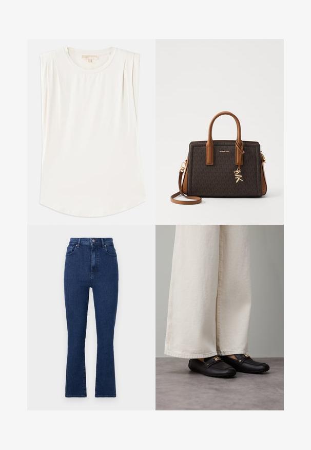 Top blanco sin mangas de tela suave, con escote redondo y sutiles pliegues en los hombros, con un dobladillo curvado.; Jeans de tiro alto en denim de color azul oscuro con corte recto, que cuentan con bolsillos frontales y un cierre de botón metálico.; Mocasines de cuero negro con detalle de herrajes dorados, combinados con pantalones anchos de color crema, mostrando una textura suave y forma redondeada.; MICHAEL Michael Kors LAILA SATCHEL - Bolso de mano - brown