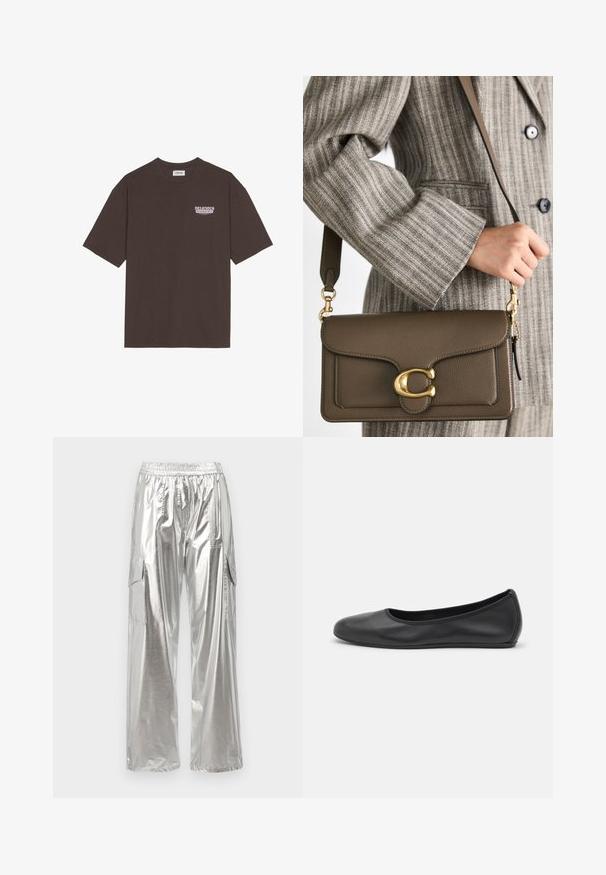 Ruskea puuvillainen T-paita rentoa leikkausta, lyhyet hihat ja pieni "HERKULLINEN RAIKAS HEDELMÄ" -graafinen kuvasto valkoisena ja violetina.; MCM METALLIC PANTS  - Reisitaskuhousut - silver; Musta nahkainen ballerina, jossa on pyöristetty kärki, sileä pinta, minimaalinen ommelkoristelu ja joustava pohjamuotoilu.; COACH TABBY SHOULDER BAG 26 - Käsilaukku - dark stone