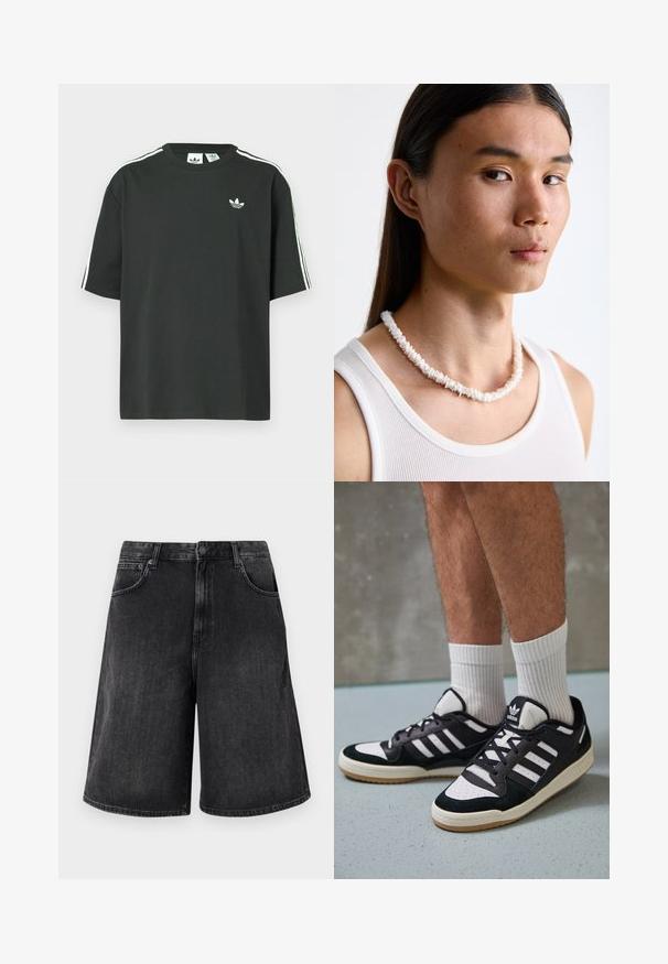 Maglietta nera in cotone con maniche corte, scollo rotondo e dettagli bianchi a tre strisce sulle spalle. Presenta un piccolo logo bianco sul petto.; Shorts in denim nero con una vestibilità ampia e dritta, dotati di chiusura frontale con bottone e cinque tasche. Tessuto morbido con una finitura sbiadita.; Sneaker bianco e nero con tomaia in suede e pelle, caratterizzati da tre strisce bianche, punta perforata e suola in gomma naturale.; Collana di conchiglie bianche composta da forme irregolari, indossata sopra una maglietta bianca aderente. Texture liscia con una leggera lucentezza, design aderente.