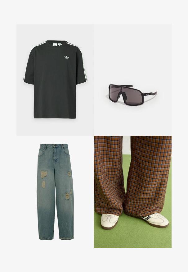 Black cotton t-shirt with short sleeves, crew neckline, and white three-stripe detailing on shoulders. Features a small white logo on chest.; Light blue denim jeans with a relaxed fit, featuring multiple distressed patches and frayed edges. Classic five-pocket design.; Brown and blue plaid wide-leg trousers paired with white shoes featuring black accents and textured soles, set against a green background.; Black rectangular sunglasses with dark lenses, wide frame, and slender black arms. Features a logo on the temples. Smooth texture.