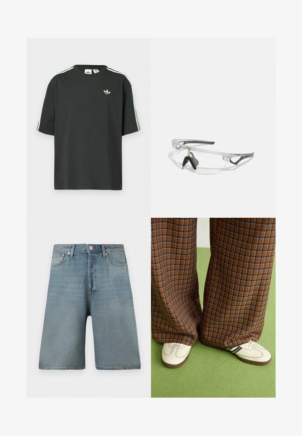 Mustast puuvillast lühikeste varrukatega t-särk, ümmarguse kaelusega ja valgete kolmetriipudega õlgadel. Rinnal on väike valge logo.; Heledad hallikas teksapüksid, millel on lahtine lõige, viis taskut ja traditsiooniline nuppekinnitus, koos kulunud välimuse saavutamiseks pleekinud laikudega.; Pruunide ja siniste ruuduliste laiad püksid, mille juurde on kombineeritud valged kingad mustade aktsentidega ja tekstuursete taldadega, roheline taust.; Selged ohutusprillid kerge, läbipaistva raami ja hallide aktsentidega. Omab ümbritsevat disaini ja reguleeritavat ninatükki.