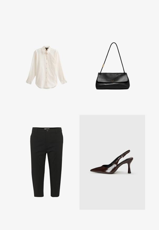 Camisa de botones de manga larga de color claro con cuello, un bolsillo en el pecho y una textura suave, con un dobladillo ligeramente curvado.; Pantalones cortos negros de tela lisa, con cierre de botón, bolsillos frontales y diseño de pierna recta.; Zapatos de tacón slingback de charol marrón con punta afilada, tacón delgado y correa ajustable con una pequeña hebilla.; Bolso de cuero negro con solapa plegable, correa delgada para el hombro y acentos de hardware en dorado. Textura suave con un diseño minimalista.; Reloj rectangular plateado con pulsera metálica de eslabones, cara blanca texturizada y marcadores de hora minimalistas. Nombre de la marca "ROSEFIELD" visible.