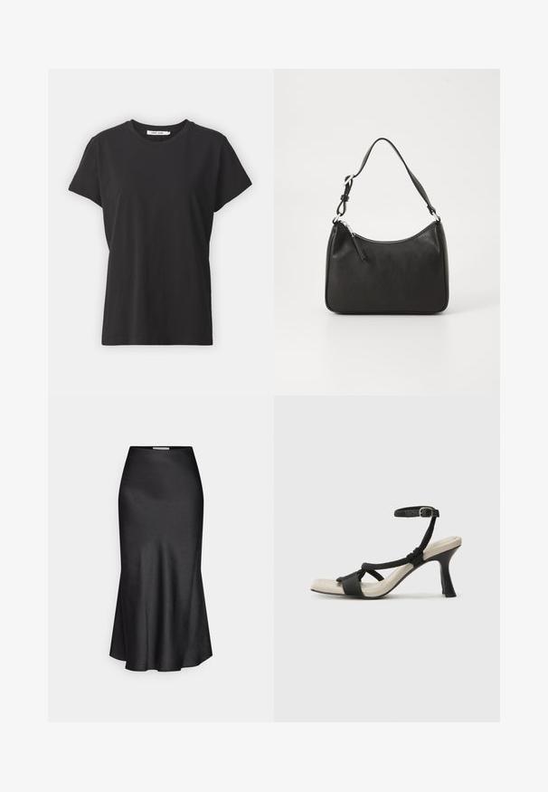 Črna bombažna majica s klasičnim okroglim izrezom, kratkimi rokavi in sproščenim krojem. Gladka tekstura, brez vidnih vzorcev ali dodatkov.; DRYKORN NEVIDA - Dolgo krilo - black; Črne sandale na visoki peti z prepletenim trakom, kvadratnim nosom in nastavljivim gležnjenjem. Svetlo bež podplat z sijajno črno peto.; Črna usnjena torba za roke s ukrivljenim oblikom, enim trakom, zadrgo in diskretnim blagovnim znamkom na sprednjem delu. Gladka tekstura, minimalističen dizajn.