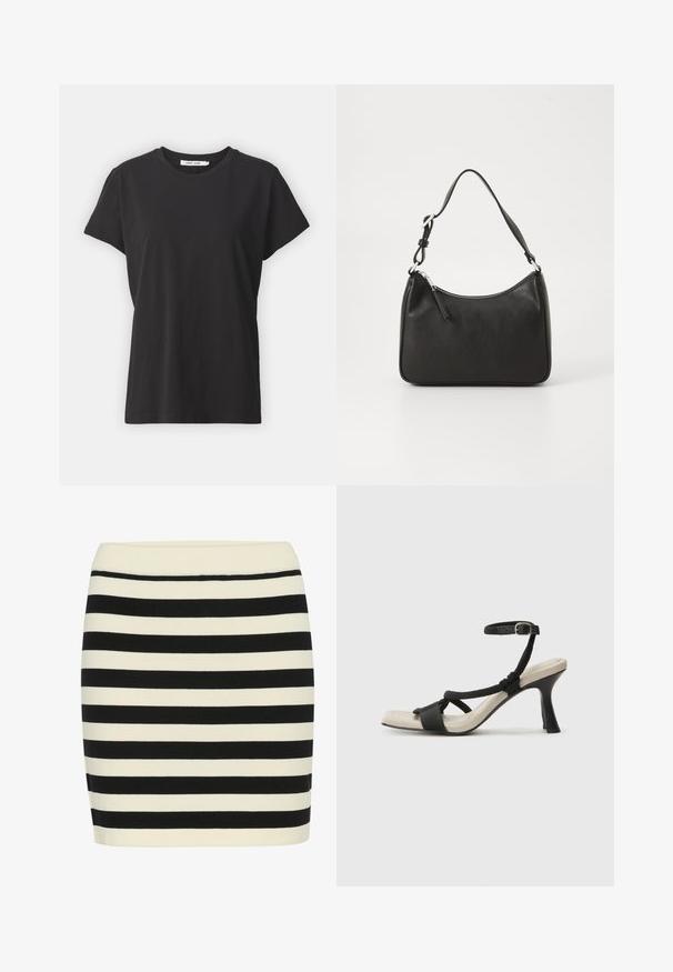 Čierne bavlnené tričko s klasickým okrúhlym výstrihom, krátkymi rukávmi a voľným strihom. Hladká textúra, žiadne viditeľné vzory ani akcenty.; Čierno-krémová pruhovaná pletená sukňa, priliehavého strihu, s rebrovaným pásom. Horizontálne pruhy sa striedajú v šírke pre vizuálnu textúru.; Čierne sandále na podpätku s pleteným pásikom, štvorcovou špičkou a nastaviteľným remienkom okolo členka. Svetlobéžová stielka s lesklým čiernym podpätkom.; Čierna kožená kabelka s oblým tvarom, jediným popruhom, zipsom a nenápadným logom na prednej strane. Hladká textúra, minimalistický dizajn.