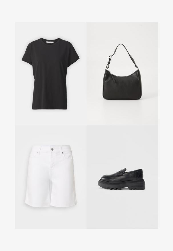 Black cotton t-shirt with a classic crew neck, short sleeves, and a relaxed fit. Smooth texture, no visible patterns or accents.; White denim shorts with a raw hem, five pockets, and metal button closure. Features a fitted waist and relaxed leg design.; Black leather loafer with a chunky black sole and textured strap detail. Smooth finish and rounded shape enhance its contemporary design.; Black leather handbag with a curved shape, a single strap, zip closure, and subtle branding on the front. Smooth texture, minimalist design.