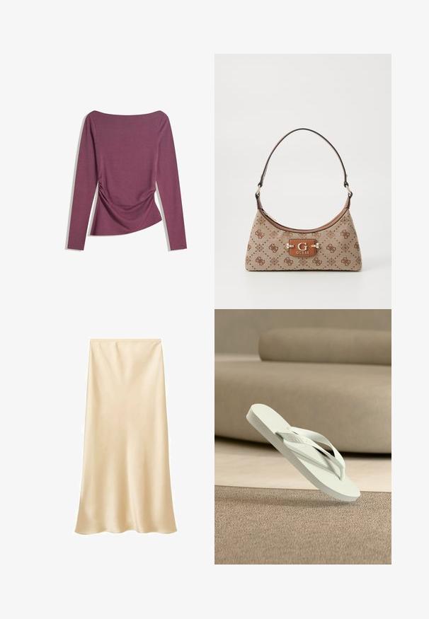 Haut mauve à manches longues avec encolure bateau, taille cintrée avec un léger ruché de chaque côté, présenté à plat sur fond blanc.; Jupe midi en satin de couleur beige clair. Texture lisse, design fluide avec un ourlet légèrement évasé. Pas de fermetures ou d'ornements visibles.; Tongs en caoutchouc vert clair avec semelle texturée et fines brides, surélevées au-dessus d'un fond doux aux tons neutres.; Sac fourre-tout en tissu beige avec des accents en motif marron. Présente une forme courbée, une seule sangle et une plaque logo à l'avant avec des accessoires en argent.
