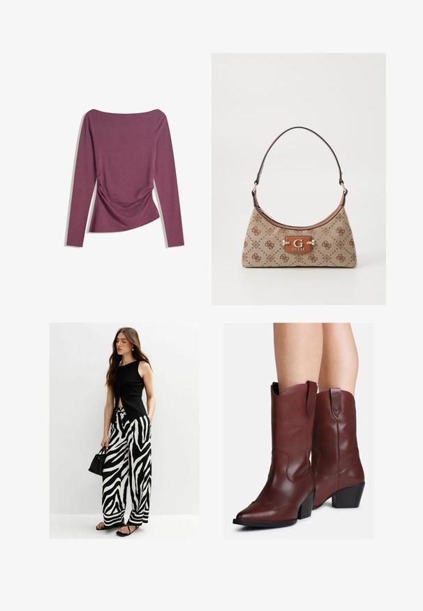 Mauve top met lange mouwen en boot hals, aangesloten taille met subtiele plooien aan beide zijden, plat weergegeven tegen een witte achtergrond.; Zwarte mouwloze top met knopen aan de voorkant, gecombineerd met brede zwart-witte zebra gestreepte broek; model houdt een kleine zwarte tas vast.; Benen gekleed in mid-calf donkere bruine leren cowboylaarzen met puntige neuzen en blokhakken, tegen een witte achtergrond.; Tote bag van beige stof met bruine patroonaccenten. Beschikt over een gebogen vorm, enkele strap en een logo plaatje aan de voorkant met zilverkleurige hardware.