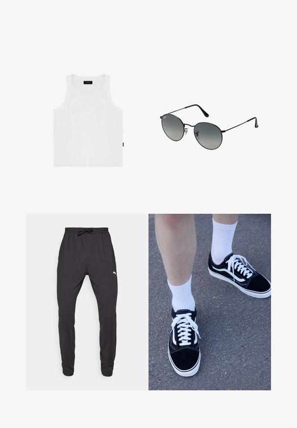 Top din bumbac alb, cu decolteu rotund și brațe largi, având un mic logo bleu deschis pe piept și o etichetă pe laterale.; Pantaloni de sport negri confecționați dintr-un material moale, având un chingi elastică cu șnur, buzunare laterale și un logo mic pe piciorul inferior.; Adidași negri din suede cu accente și șireturi albe, asortați cu șosete albe cu textură în dungi, așezați pe o suprafață gri texturată.; Ochelari de soare negri din metal cu lentile rotunde gradiente, având brațele subțiri și tampoane de nas clare pentru o potrivire confortabilă.