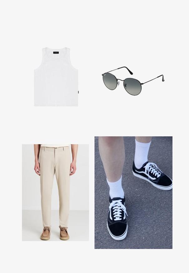 Débardeur en coton blanc avec un col arrondi et des emmanchures larges, arborant un petit logo bleu clair sur la poitrine et une étiquette sur le côté.; Homme portant un pantalon beige droite et des chaussures en daim marron à lacets, debout avec les mains détendues sur les côtés contre un fond blanc.; Baskets en suède noir avec des accents et des lacets blancs, associées à des chaussettes blanches à côtes, posées sur une surface grise texturée.; Lunettes de soleil en métal noir avec des verres ronds dégradés, présentant des branches fines et des plaquettes de nez transparentes pour un ajustement confortable.