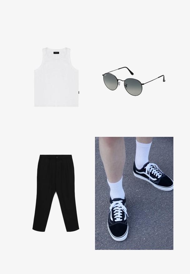 Weißes Baumwoll-Tanktop mit rundem Ausschnitt und weiten Armausschnitten, mit einem kleinen hellblauen Logo auf der Brust und einem seitlichen Etikett.; Schwarze Hosen mit geradem Schnitt, seitlichen Taschen, einem einzigen Knopfverschluss und einem glatten, leichten Stoff.; Schwarze Wildleder-Sneaker mit weißen Akzenten und Schnürsenkeln, kombiniert mit weißen, gerippten Socken, auf einer strukturierten grauen Oberfläche platziert.; Schwarze Metal-Sonnenbrille mit runden, gradienten Gläsern, ausgestattet mit dünnen Bügeln und klaren Nasenpads für einen bequemen Sitz.