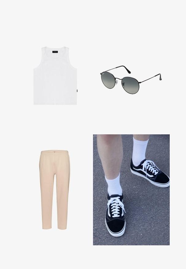 White cotton tank top featuring a round neckline and wide armholes, with a small light blue logo on the chest and a side label.; Beige ribbed trousers with a fitted waist, featuring front pleats, a small button fastening, and tapered legs. Soft texture.; Black suede sneakers with white accents and laces, paired with white ribbed crew socks, positioned on a textured gray surface.; Black metal sunglasses with round gradient lenses, featuring thin temples and clear nose pads for a comfortable fit.