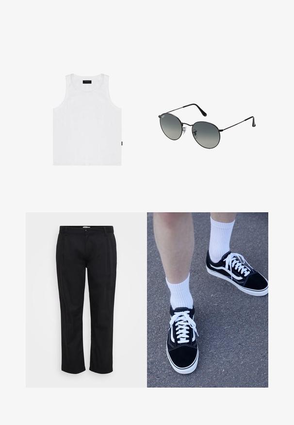 Witte katoenen tanktop met een ronde halslijn en brede armopeningen, voorzien van een klein lichtblauw logo op de borst en een zijlabel.; Jack & Jones JPSTBILL WILLIAM WORKER - Broek - black; Zwarte suède sneakers met witte accenten en veters, gecombineerd met witte geribde crew sokken, geplaatst op een gestructureerd grijs oppervlak.; Zwarte metalen zonnebril met ronde gradient lenzen, voorzien van dunne pootjes en transparante neuspads voor een comfortabele pasvorm.