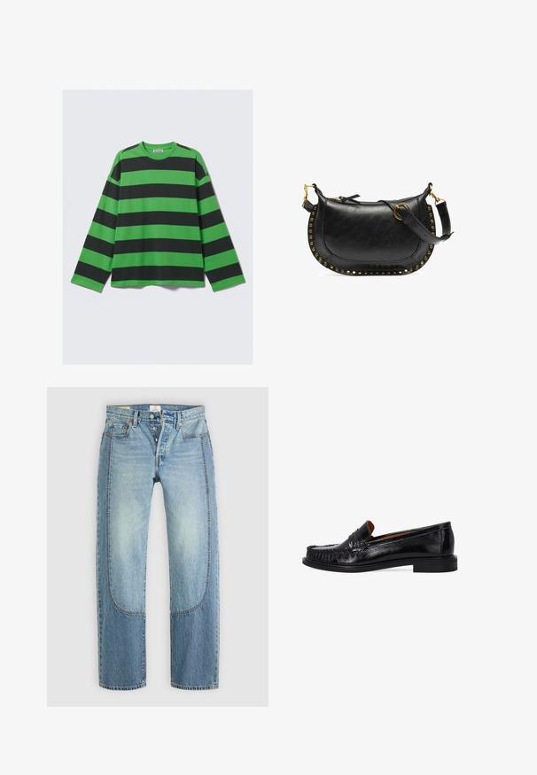 Langdurig T-shirt met gedurfde groene en zwarte horizontale strepen, gemaakt van zacht materiaal met een relaxed fit en ronde halslijn.; Lichtblauwe denim jeans met een rechte, losse pasvorm, voorzien van contrasterende paneeldetails en een vijf-pocket ontwerp. Knopen vloogsluiting.; Zwarte leren instappers met een ronde neus, textuurdetails en een gladde afwerking. Bevatten een laag profiel zool en een minimalistisch ontwerp.; Zwarte leren handtas met een gebogen vorm, gouden studs langs de rand, een verstelbare schouderband en een zijlus voor extra detail.