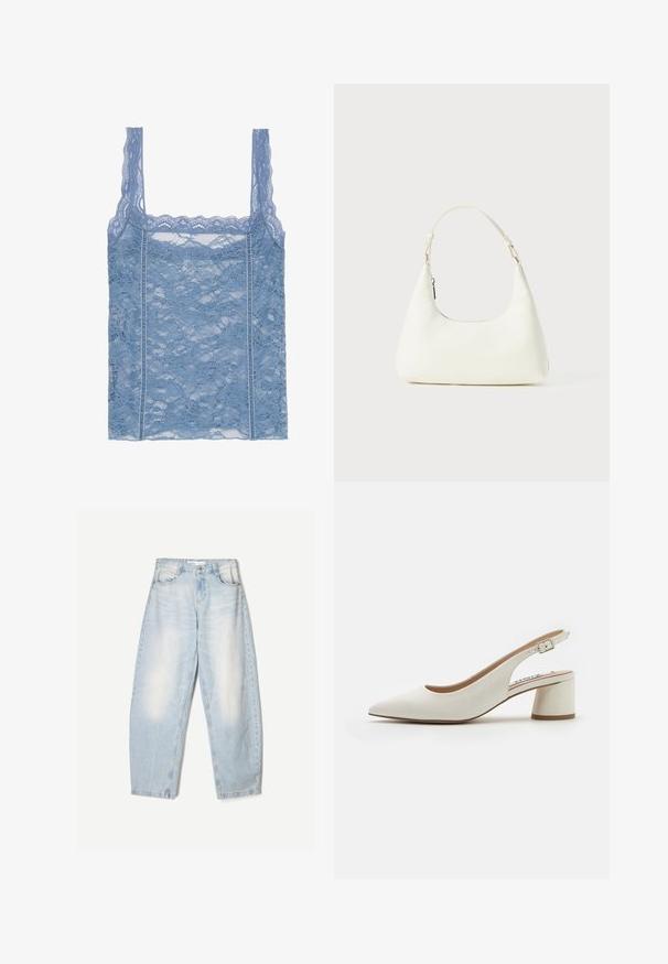 Vaaleansininen pitsitoppi ohuilla olkaimilla, jossa on lain suojaava pitsireunus ja kukkakuvio, suunniteltu pysymään istuvana siluettina.; Valkoinen nappikauluspaita, jossa on klassinen kaulus, pitkät hihat ja rento leikkaus. Valmistettu kevyestä kankaasta, jossa on sileä pinta.; Vaaleansiniset farkut, joissa on löysä malli, haalistunut pinta, kaksi etutaskua ja nappikiinnitys vyötäröllä.; Valkoinen nahkainen slingback-pumppu, jossa on terävä kärki, keskikorkea paksu korko ja säädettävä hihna. Tasainen pinta; minimalistinen muotoilu.; Pieni valkoinen olkalaukku, jossa on yksi säädettävä hihna ja vetoketjukiinnitys, valkoista taustaa vasten.