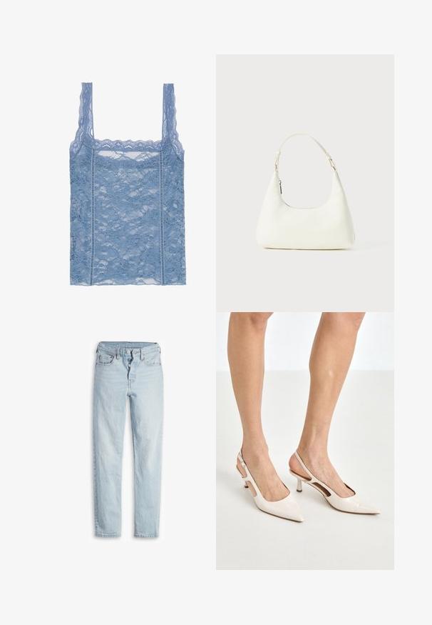 Svijetloplava čipkasta majica bez rukava s tankim naramenicama, s valovitim čipkastim rubom i cvjetnim uzorkom, dizajnirana za uski kroj.; Bela košulja s dugim rukavima, klasičnom kragnom i opuštenim krojem. Izrađena od lagane tkanine s glatkom teksturom.; Svijetloplave traperice viskog struka, s pet džepova, zatvaranjem na gumb i ravnim krojem. Imaju suptilno izbljeđivanje i teksturiranu završnu obradu.; Bež cipele na petu od lakiranih koža s uskim vrhom i petom od 5 cm, s izrezanim stranama i tankim remenom oko gležnja.; Mala mala bijela torbica s jednim podesivim remenom i zatvaračem na munje, postavljena na jednostavnoj bijeloj pozadini.