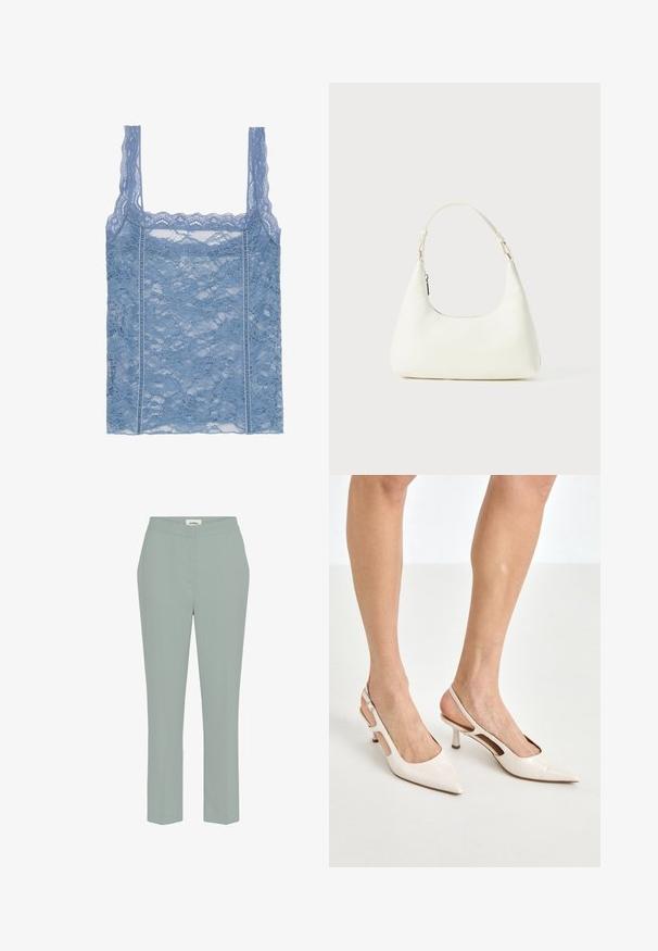 Világoskék csipkés ujjatlan felső vékony pántokkal, fodros csipke díszítéssel és virágmintával, amely a body-hugging sziluettet hangsúlyozza.; Fehér, klasszikus galléros, gombos ing, hosszú ujjaival és laza szabással. Könnyű anyagból készült, sima textúrával.; Világosszöld, egyenes szabású nadrág sima felülettel és közepes derékkal, minimális varrással és látható zsebek nélkül.; Beige patent bőr slingback magassarkúk hegyes orral és 5 cm-es sarokkal, kivágott oldalakkal és vékony bokapánttal.; Kicsi fehér válltáska egyetlen állítható pánttal és cipzárral, egy sima fehér háttér előtt.