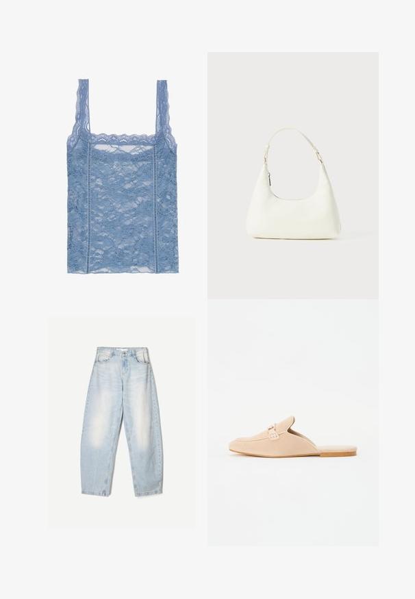 Light blue lace tank top with thin straps, featuring a scalloped lace trim and floral pattern, designed for a fitted silhouette.; Light blue denim jeans with a loose fit, featuring a faded finish, two front pockets, and a button closure at the waistband.; Beige suede slip-on loafers with a closed toe, featuring a decorative buckle detail and a flat cork sole. Smooth texture with minimal design.; Small white shoulder bag with a single adjustable strap and a zipper closure, set against a plain white background.