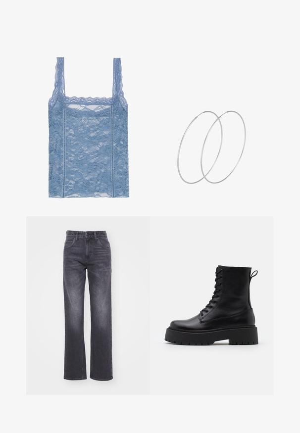 Šviesiai mėlyna nėriniuota liemenė su plonomis petnešėlėmis, su banguota nėrinių apdaila ir gėlių raštu, sukurta prigludusiam siluetui.; Tamsiai pilki tiesūs džinsai, pagaminti iš denimo, su penkiomis kišenėmis, sagos ir užtrauktuko uždarymu, su subtiliu blukimu ir šviesinimu.; Juodos odinės aulinukės su apvalia nosimi, raišteliais priekyje ir storesniu guminio pado apačioje su tekstūruotu raštu. Priekyje yra kilputė.; Sidabrinės pusmėnulio auskarai minimalistiniu dizainu. Apskritimo forma, lygus paviršius ir plonas profilis. Lengvi su poliruotu apdailu.