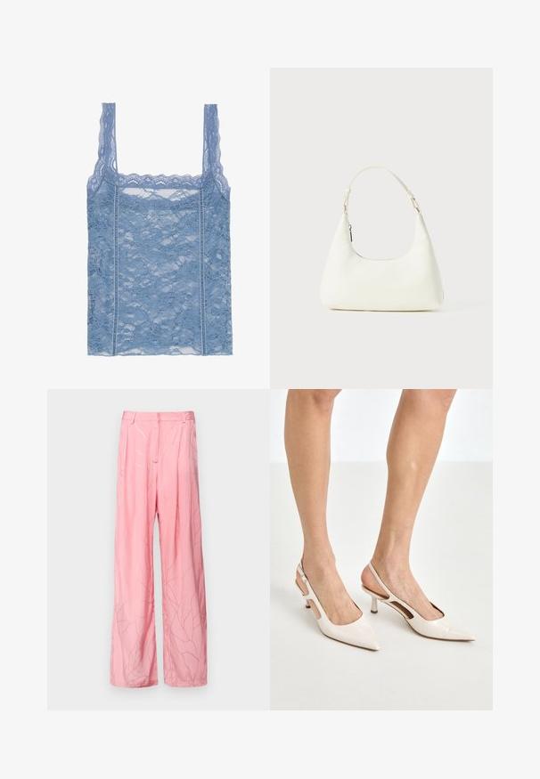 Hellblaues Spitzen-Top mit dünnen Trägern, versehen mit einem gewellten Spitzenrand und floralem Muster, entworfen für eine figurbetonte Silhouette.; Rosa weite Hosen aus leichtem Stoff mit einem dezenten Blättermuster und Falten, mit einer glatten Textur und tailliertem Bund.; Beige Lackleder Slingback-Absätze mit spitzem Fuß und 5 cm Absatz, mit ausgeschnittenen Seiten und einem schmalen Knöchelriemen.; Kleine weiße Schultertasche mit einem verstellbaren Tragegurt und einem Reißverschluss, vor einem schlichten weißen Hintergrund.
