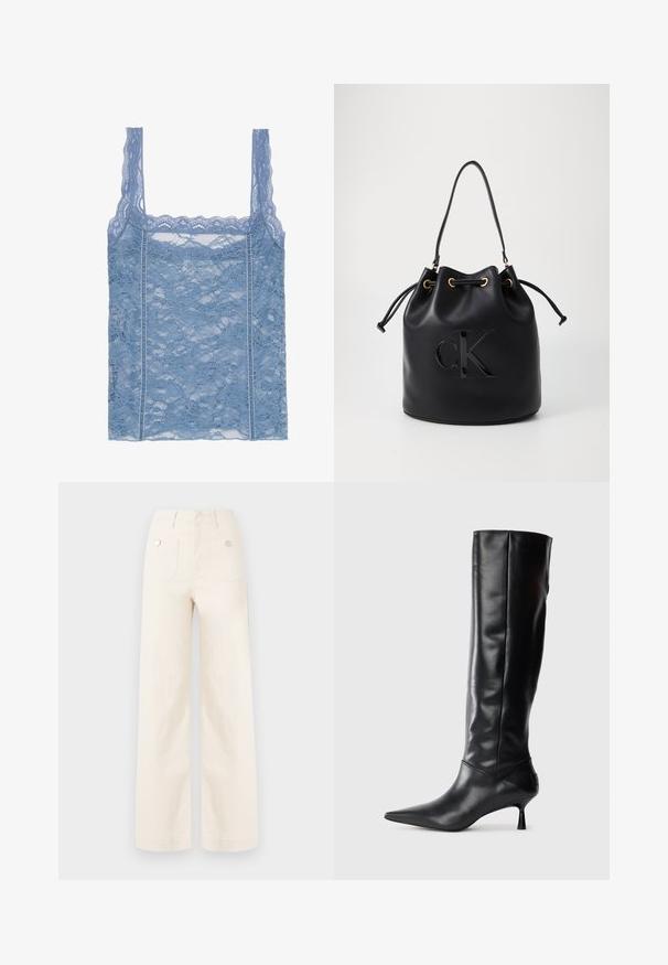 Jasnoniebieski top na ramiączkach z koronką, z cienkimi ramiączkami, z falbaniastym wykończeniem koronkowym i kwiatowym wzorem, zaprojektowany w dopasowanej sylwetce.; Spodnie w szerokim kroju z ivory bawełny. Posiadają wysoką talię, dwie tylne kieszenie z metalowymi guzikami oraz gładką, czystą teksturę.; Czarne skórzane kozaki sięgające do kolana z ostrym noskiem i smukłym, zakrzywionym obcasem. Gładka tekstura, dopasowany krój i brak widocznych elementów ozdobnych lub wzorów.; Czarna skórzana torba typu bucket z zaciąganym zamknięciem, z błyszczącym logo "CK" z przodu i złotymi akcentami.