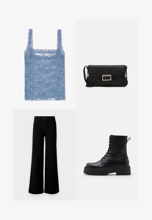 Ανοιχτό γαλάζιο τοπ από δαντέλα με λεπτές τιράντες, διαθέτοντας οδοντωτή δαντελένια περιγραφή και λουλούδια, σχεδιασμένο για εφαρμοστή σιλουέτα.; Μαύρα ψηλόμεσα τζιν με φαρδιά πόδια, με μπροστινές και πίσω τσέπες, κούμπωμα με κουμπί και θηλιές ζώνης σε λευκό φόντο.; Μαύρες δερμάτινες μποτάκια μέχρι τον γ ankles με στρογγυλή μύτη, κορδόνια μπροστά και χοντρή ελαστική σόλα με υφή. Λωρίδα στην πλάτη.; Μαύρη δερμάτινη τσάντα φάκελος με καπάκι και χρυσή μεταλλική λεπτομέρεια αγκράφας. Περιλαμβάνει μαύρη θήκη και κομψό, μινιμαλιστικό σχέδιο.