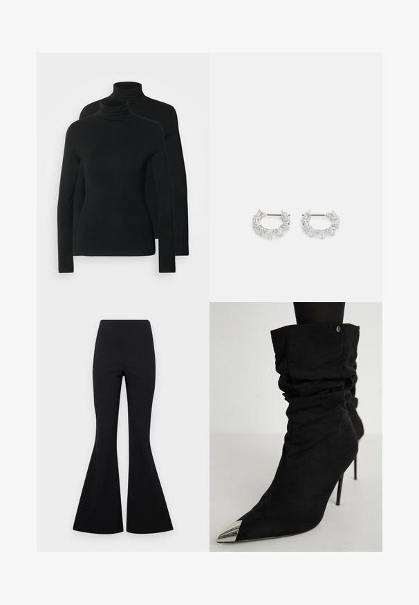 Divi garie piedurkņu dūriņi cietā melnā krāsā, izgatavoti no mīksta, elastīga auduma ar pieguļošu dizainu un bezšuvju apkakli.; Melni platāki bikses, izgatavotas no elastīgas auduma ar gludu tekstūru, ar augstu jostu un plašiem, zvana dibena stila kājām.; Melni, brīvi pieguļoši potīšu zābaki ar norādītu pirkstu un metālisku sudraba akcentu. Izgatavoti no mīksta zamša materiāla, ar augstu stiletto papēdi.; Sudraba auskari ar apaļām gredzeniem, kuriem ir caurspīdīgi, taisnstūra un trīsstūra formas kristāli, sakārtoti rakstainā dizainā. Ar stiprinājuma tapas drošai fiksēšanai.