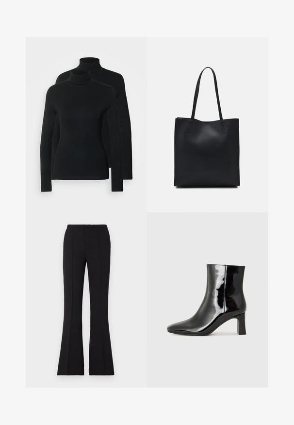 Dvě dlouhé roláky v jedné barvě černé, vyrobené z měkké a elastické látky s přiléhavým střihem a bezšvým výstřihem.; Černé rozšiřující se kalhoty z hladké látky, se zapleteným pasem, předními švy a mírným rozšířením začínajícím od kolen.; Černé lakované kotníkové boty s špičatou špičkou a středně vysokým blokovým podpatkem. Hladká textura a minimalistický design.; Černá kožená taška přes rameno s hladkým povrchem, obdélníkovým tvarem a dvěma dlouhými uchy. Žádné viditelné kování ani ozdoby.