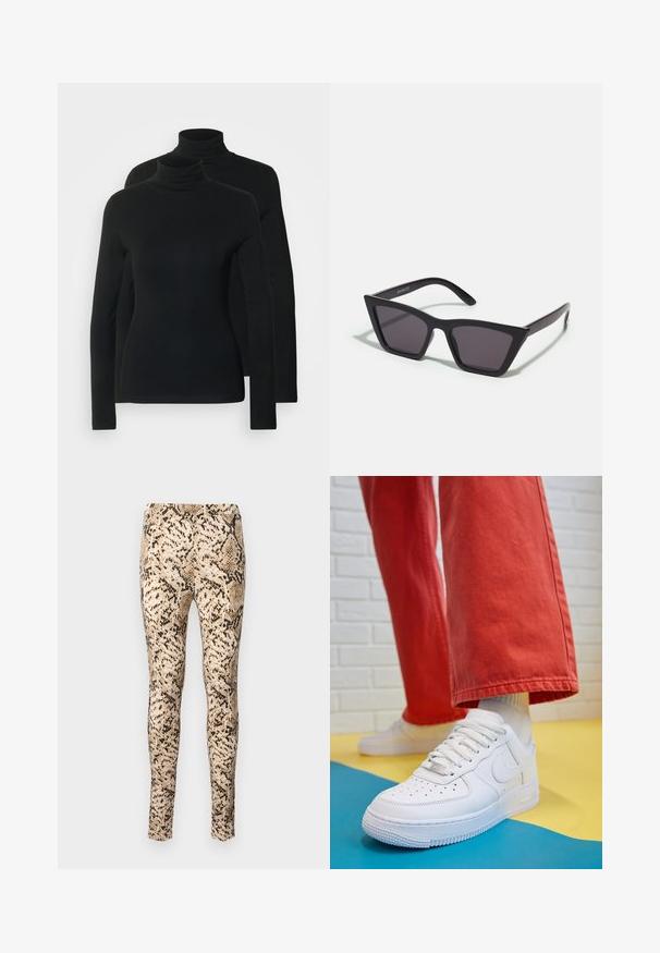 Dva dolga rokava s turtleneck ovratnikom v črni barvi, narejena iz mehke, raztegljive tkanine s prilegajočim dizajnom in brezšivnim ovratnikom.; Leggingi s kačjim vzorcem v bež in črni barvi z oprijetim dizajnom, ki imajo gladko teksturo in raztegljiv pas za udobje.; Beli usnjeni športni čevlji s perforiranim prstnim delom, teksturiranim podplatom in belimi vezalkami, v kombinaciji s širokimi rdečimi hlačami in modro-rumeno ozadje.; Črne, angularne sončne očala z sivimi lečami; izdelana iz plastike, imajo debele ročke z gladko površino in brez vidne opreme.