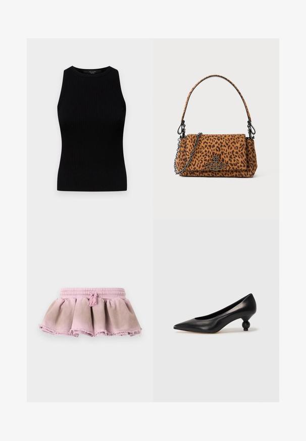 Weekend Max Mara OLIMPO - Top - nero; Růžová bavlněná sukně s nařaseným designem, s frayed lemem a elastickým pasem se dekorativním třásním.; Černá kožená vysoká bota na podpatku s špičatou špičkou a kulatým, zaobleným podpatkem. Hladká textura s elegantním, minimalistickým designem.; Kabelka s leopardím potiskem vyrobená z semiše, s krátkým uchom, řetízkovým popruhem a černým kovovým zapínáním. Obdélníkový tvar s klopou.